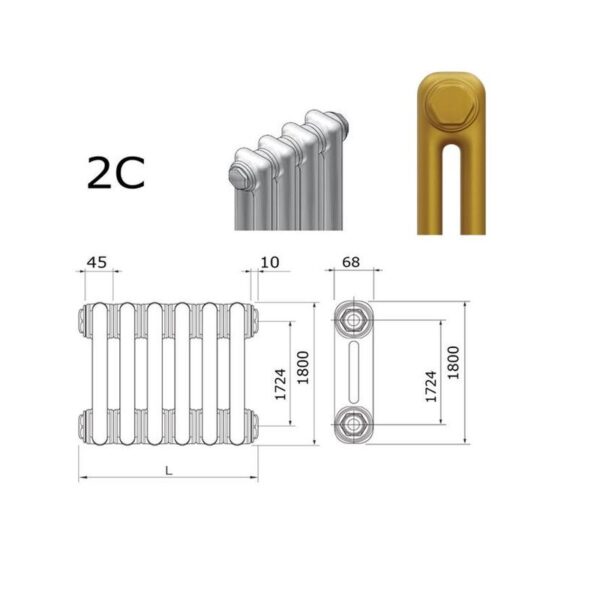 Tērauda sekciju dizaina radiators LUXRAD COLUMNUS V | 2-kolonnu tips| H=1800 x L=470 mm. Q=1341 W (75/65/20). Krāsots zelta toņa krāsā. Pieslēgums ZDC-apakšā pa vidu. - Image 3