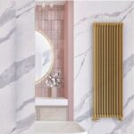 Tērauda sekciju dizaina radiators LUXRAD COLUMNUS V | 2-kolonnu tips| H=1800 x L=470 mm. Q=1341 W (75/65/20). Krāsots zelta toņa krāsā. Pieslēgums ZDC-apakšā pa vidu.