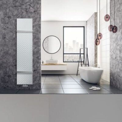 Dizaina radiators MINOA PILLOW | H=1770 x L=380 mm. Q= 688 W (75/65/20). Krāsots matēti balts RAL 9016. Pieslēgums apakšā pa vidu.